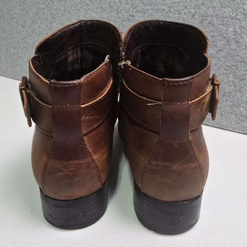 Born Womens Brown Leather Ankle Boots Buckle Strap Side Zip F11406 Size 8.5 M